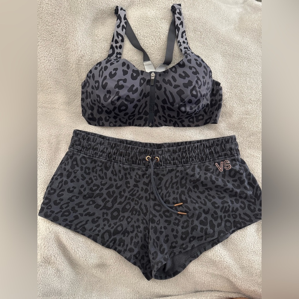 Victoria Sport Gray Leopard Print bra & short set